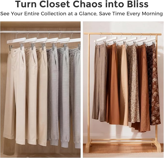 HOUSE DAY Wooden Pants Hangers with Clips, 50 Pack Skirt Hangers, White | 14-Inch Wood Hangers with Adjustable Non-Slip Metal Clips & 360° Swivel Hooks, Heavy Duty for Jeans, Slacks, Trousers, Shorts - Image 6