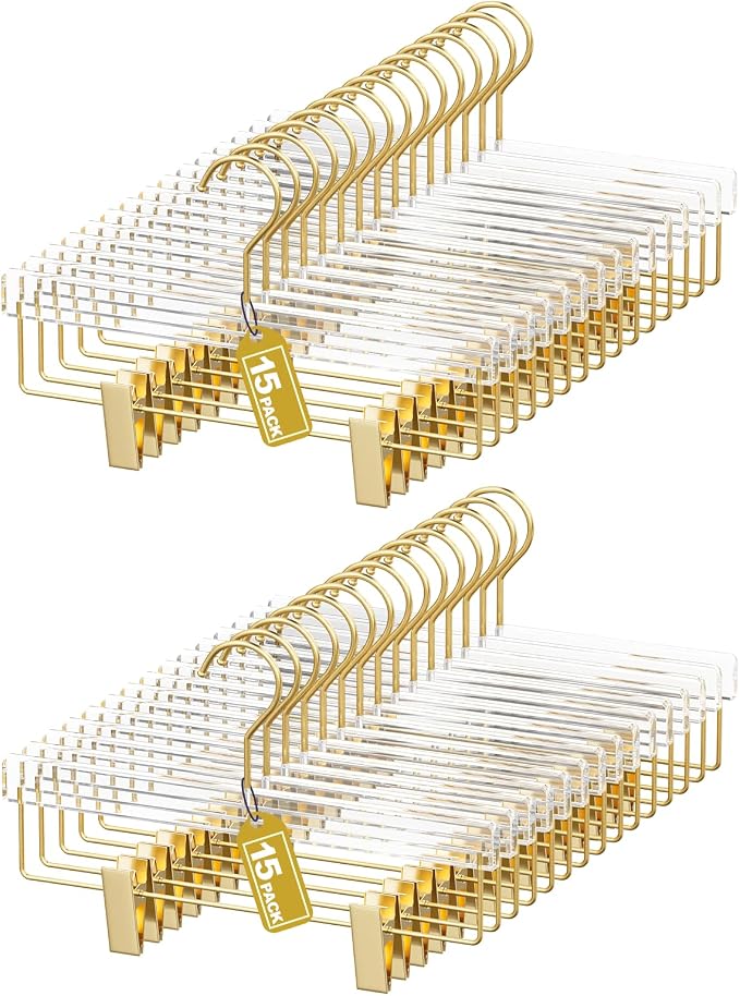 Clear Gold Acrylic Pants Hangers 30 Pack with Adjustable Clips | Non-Slip & Heavy Duty Hangers for Pants, Skirts, Jeans, Trousers, Scarves, Adults & Kids, Clothing Closet Storage by Fotoumgl