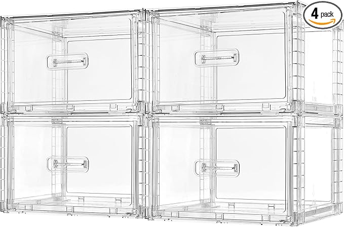 Vtopmart 4 Pack Clear Stackable Closet Storage Drawers 15QT, Medium | Easily Assemble Closet Organizers,Plastic Storage Bins for Bathroom,Cabinet,Kitchen Pantry,Under Sink Organization by Vtopmart