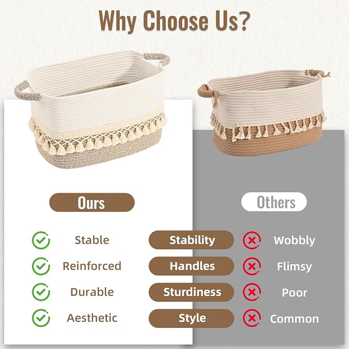 2 Pack Storage Basket for Shelves, Boho Cotton Rope Storage Bins with Heavy Tassel, Shelf Baskets Large Woven Baskets for Organizing, Cube Organizer Bins, Baby Laundry Basket for Clothes, Toys, Pets - Image 6