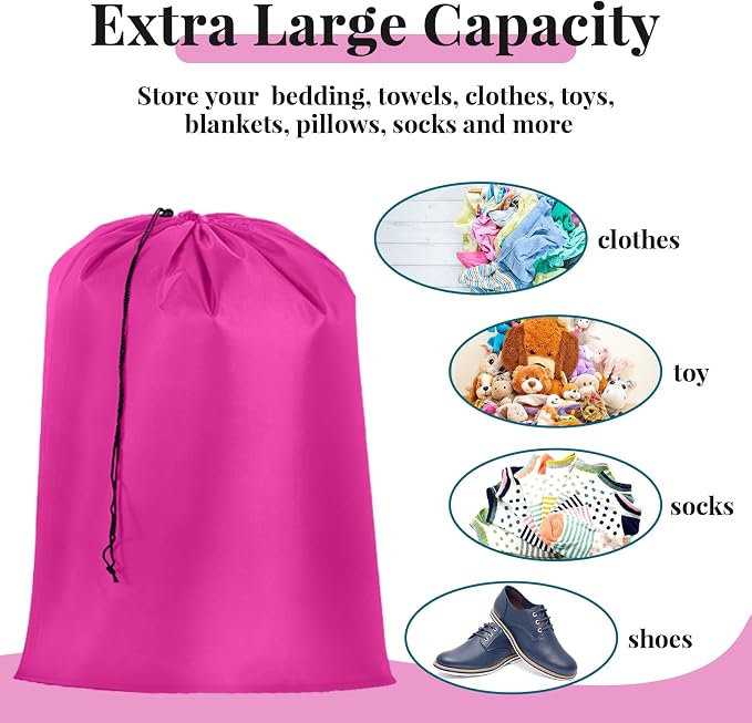 Woanger 12 Pack 28 x 45 Inch Extra Large Laundry Bags Bulk, Bright Colors | Washable Polyester, Drawstring Closure, For Clothes and Bedding, Foldable for College Dorms, Hotels, Camping and Travel - Image 3