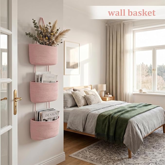 TeoKJ Over the Door Hanging Basket, 3-Tier Woven Cotton Wall-Mounted Storage Organizer Bag Decorative Hanging Nursery Baskets, Pink - Image 3