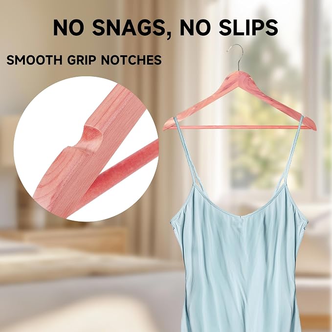 Wooden Clothes Hangers with Pants Bars, Cedar Wood, 12-Pack | Heavy Duty Solid Wood Suit & Coat Hangers with Swivel Hook & Shoulder Notches, for Shirts, Jackets, Dresses & Trousers - Image 5