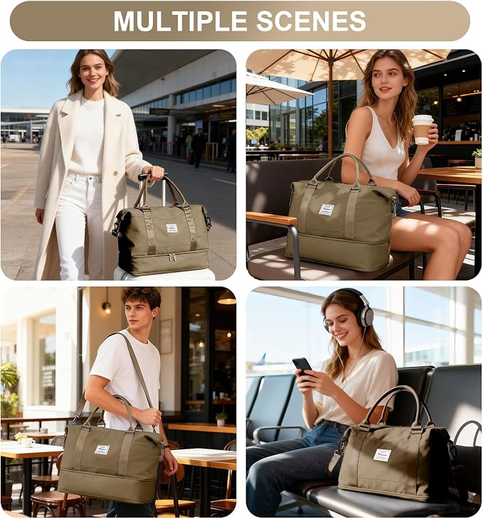 Travel Duffel Weekender Bag Women Tote Carry On Bags With Shoe Compartment | 18x14x8 inches Travel Overnight Bags with Trolley Sleeve for Airplanes Sport Tote Gym for Men Lightweight Daypack Khkai - Image 8