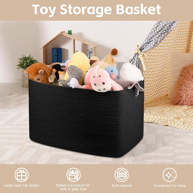 OIAHOMY 118L XXXLarge Cotton Rope Storage Basket, Oversized Blanket Basket, Used for Organizing Dirty Clothes in Living Room, Bedroom, Nursery, Dog Toy Storage Bins, 25" x 17" x 16",Black - Image 4