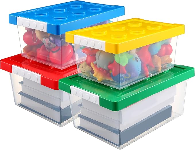 4 Pack Toy Storage Containers with Lids Brick Shaped Kids Toy Organizer Box Plastic Clear Stackable Bin Chest for Building Block Dolls(Large, Small,Red, Yellow, Blue, Green) - Image 6