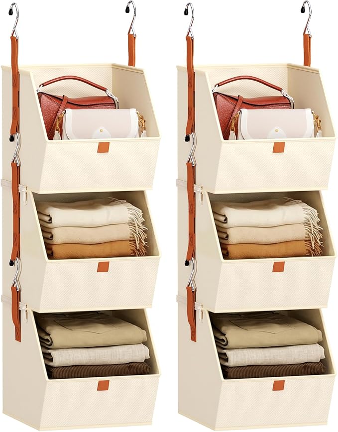 Collapsible Hanging Closet Organizer - 6 Tier Closet Shelves Storage System with Hooks, Fabric Hanging Storage Bins for Clothes, Foldable Storage Basket for Laundry, Bedroom, Rv, Beige by Homsorout