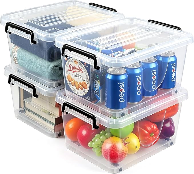 NUMIFUN 15QT Storage Bins with lids, Stackable Space Saver for Family | 4-pack BPA-free plastic boxes with secure latches. Deep recessed lids ensure safe stacking for closet & garage storage. by NUMIFUN