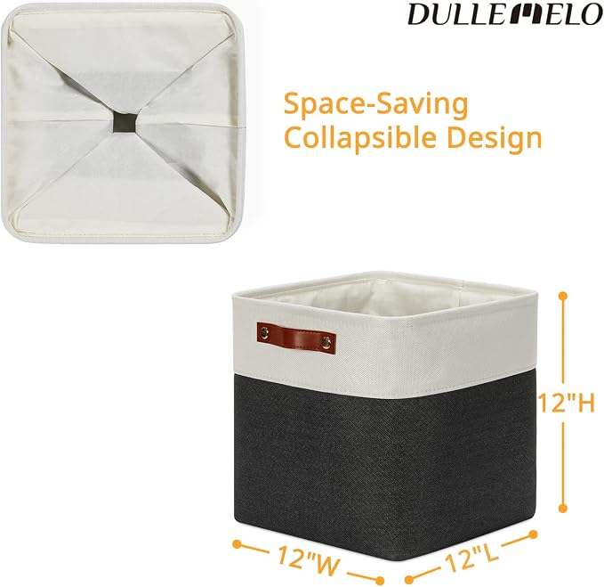 DULLEMELO Set Of 4 Cube Storage Bins, Fabric Storage Basket for Shelves Closet Storage, 12 Inch Collapsible Fabric Bins for Book Magazine Towel Organizers(4 Pack - 12" White&Black) - Image 4