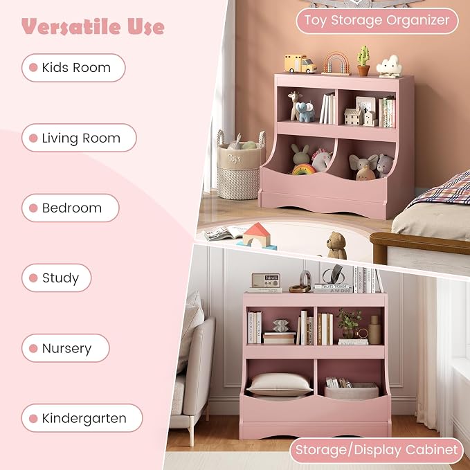 HONEY JOY Kids Toy Storage Organizer, 4-Cubby Wooden Bookcase Cabinet, 2-Tier Open Daycare Shelf for Preschool, Kids Display Bookshelf for Bedroom, Playroom, Classroom & Nursery (Pink) - Image 6