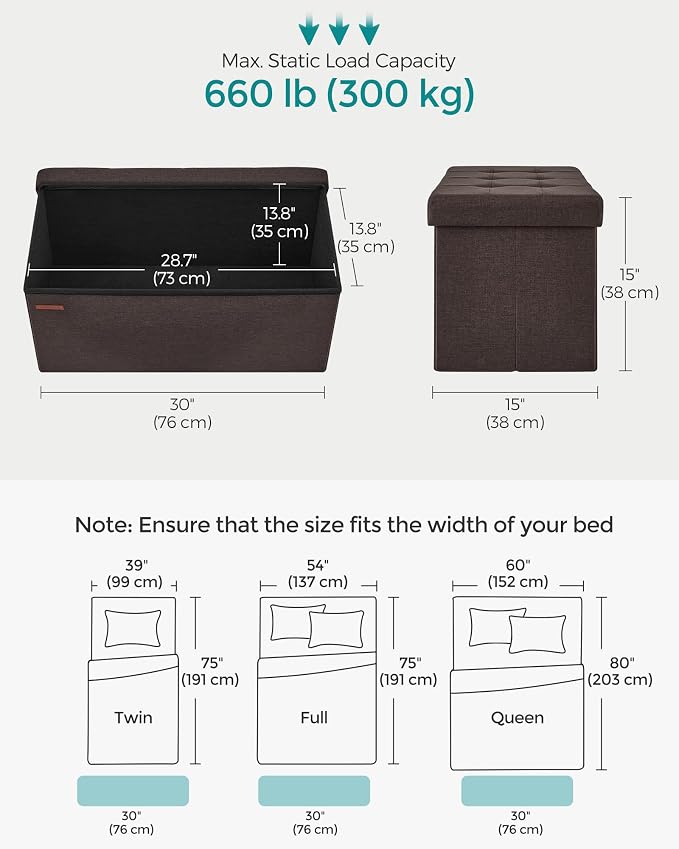 SONGMICS Mazie Collection - 30 Inches Folding Storage Ottoman Bench, Ottoman Foot Rest, End of Bed Bench, Storage Chest, Load 660 lb, for Living Room, Bedroom, Entryway, Brown ULSF047K02 - Image 3