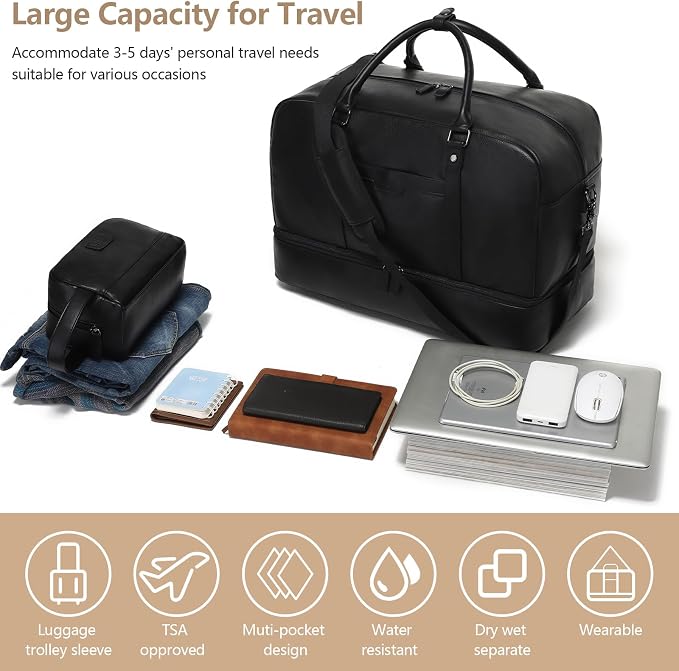 4-in-1 Waterproof Faux Leather Overnight Travel Bag for Women Men | Hospital Gym Weekender Bag Carry On Personal Item Travel Duffel Bags with Shoe Compartment Toiletry Bag Fit 21" Laptop - Image 5