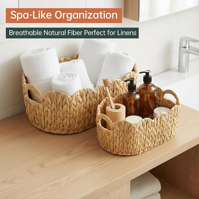 Coeusy Scalloped Basket Set of 2,Water Hyacinth Basket for Organizing and Decor,Hand-Woven Wicker Storage Baskets with Built-In Handles for Nursery,Gift - Image 6