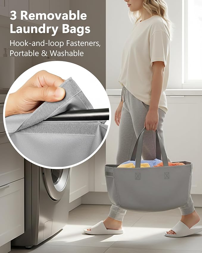 3 Section Laundry Sorter with Removable Bags, 120L Rolling Vertical Laundry Hamper, Stackable Laundry Baskets organizer for Bathroom, Apartment, Dorm (Gray, With Wheel) - Image 3