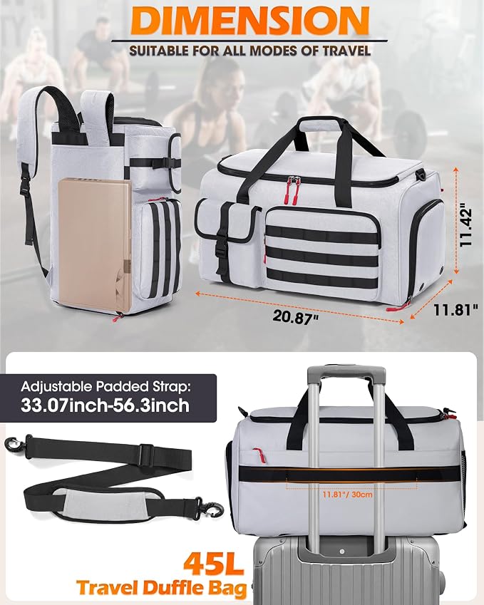 RAINSMORE Gym Bag for Men, 45L Sports Travel Duffel Bag with Shoe & Laptop Compartment, Gym Workout Backpack Carry On Weekender Bag Overnight Backpack for Travel, Grey - Image 5