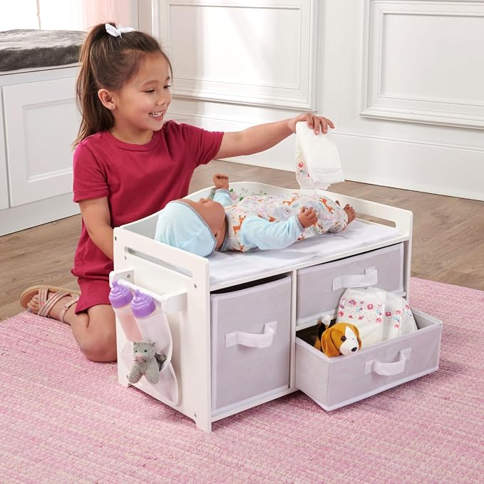 Badger Basket Doll Care Station with Storage Baskets - White/Rose | Fits 18–20" dolls; care station with 3 baskets, pocket organizer & storage for imaginative pretend play. - Image 6