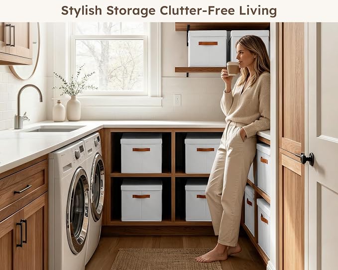 Storage Bins with Lids - Fabric Storage Baskets for Shelves, 6 Pack Foldable Decorative Boxes with Handles, Stackable Organizer Bins for Home, Nursery, Dorm, White - Image 4