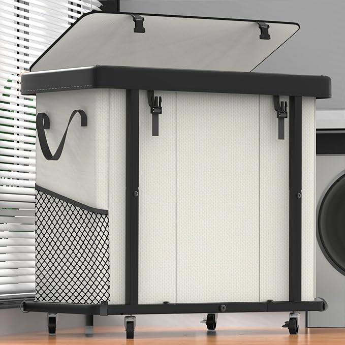 Laundry Basket with Wheels, 230L(60Gal) Laundry Sorter 3 Section - Beige | Leather Patchwork Laundry Hamper, Sturdy Metal Frame, Removable Washable Bag, Tall Clothes Sorter for Bedroom by Unlockyourhomestoragelife