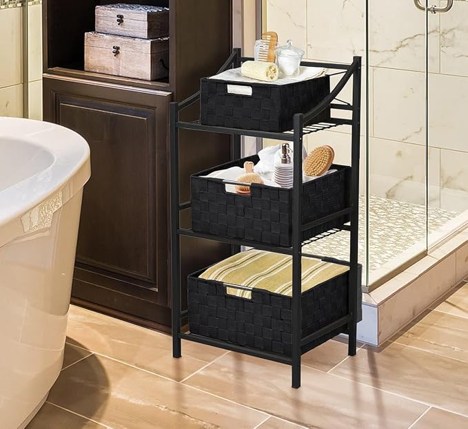 Sorbus Storage Box Woven Basket Bin Container Tote Cube Organizer Set Stackable Storage Basket Woven Strap Shelf Organizer Built-In Carry Handles (Black) - Image 3