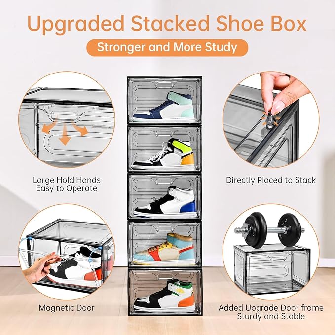 8 Pack Drop Side Shoe Boxes, Large Stackable Shoe Storage, Thick Plastic | Sneaker Storage with Magnetic Door, Shoe Organizer for Closet, Sturdy Shoe Containers, Sneaker display Case Fit up to Size 13 - Image 7