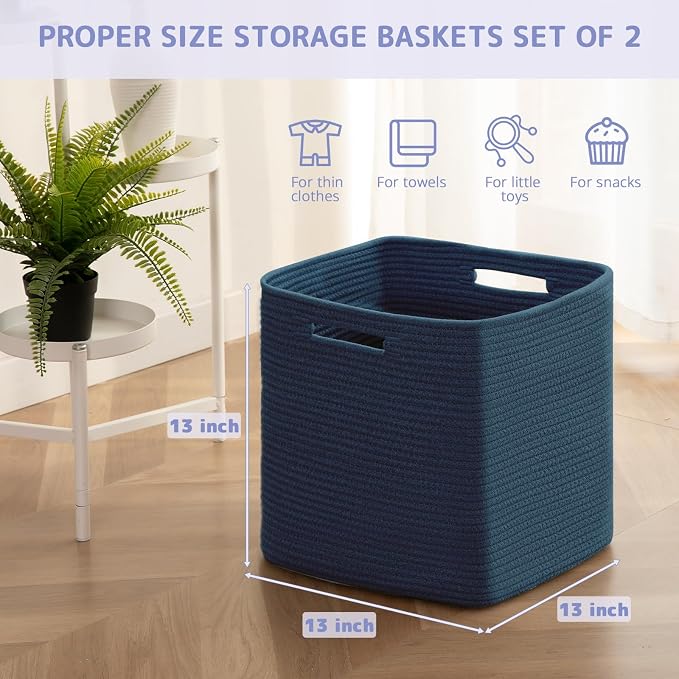 OIAHOMY 2 PACK Cube Storage Bin 13 Inch Collapsible Storage Cube Blue | Cube Storage Organizer Storage Bins for Shelves Baskets for Organizing Woven Rope Storage Baskets - Image 2