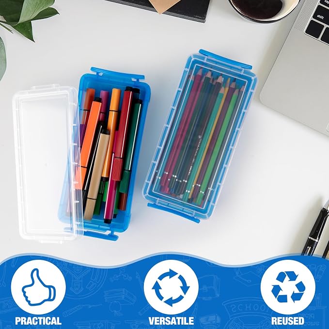 Gueevin 24 Pcs Large Capacity Plastic Pencil Box Clear Plastic Pencil Case Crayon Box with Snap Tight Lid Watercolor Pen Storage Brush Organizer Drawing Tools Container (Cute Blue) - Image 5