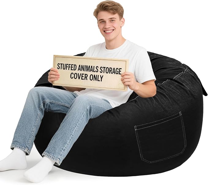Lukeight Stuffed Animals Storage Bean Bag Chair Cover for Adult Teen, Cozy Velvet Plush Toy Organizer Seat, Cover Only, No Filling Included, Long YKK Zipper, Side Pocket, XXX-Large 42 x 23 in by Lukeight