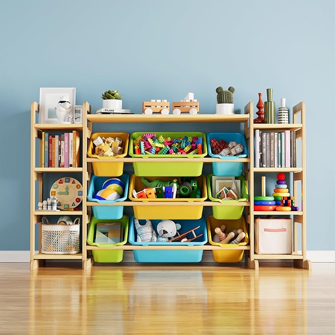 SpaceAid Large Toy Storage Organizer 9 Shelves 9 Bins, Toy Organizers Storage Bookshelf, Kids Bin Shelf Toys Box Bookcase for Bedroom Playroom Organization Room Decor, Multi-Colored by SpaceAid