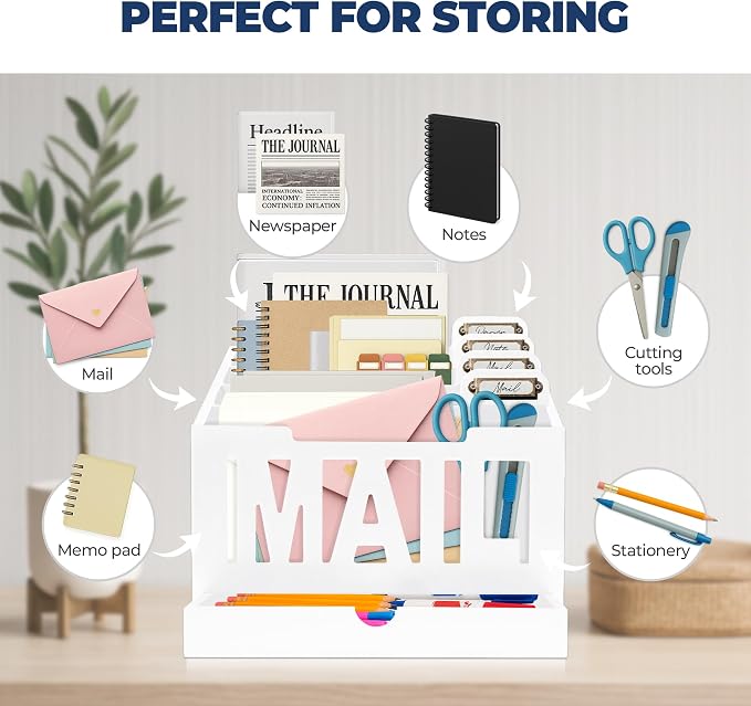 Mail Organizer Countertop, Desktop Mail Sorter with Drawer & Label Tags, WH | Bills, Letters, Envelopes & Receipts - Image 5