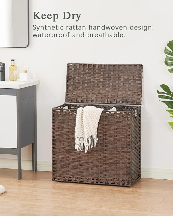 SETVSON Laundry Hamper with Lid Laundry Basket 132 L PE Rattan, Brown | Decorative PE Rattan Furniture Look for Bedroom, Large Sorting Hamper with Lid, 4 Liners, 6 Mesh Bags, Steel Frame - Image 2