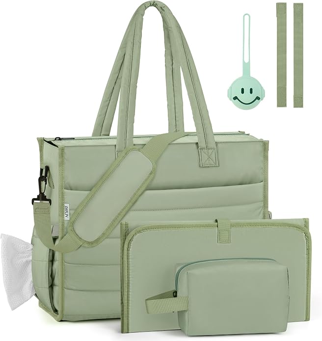 Diaper Bag Tote for Baby, Large Hospital Mommy Bag for Labor Delivery | Lightweight Puffy 4pcs Diaper Tote with Changing Pad, Toiletry Bag and Pacifier Case, Travel, Hospital, Newborn Essentials by IBFUN