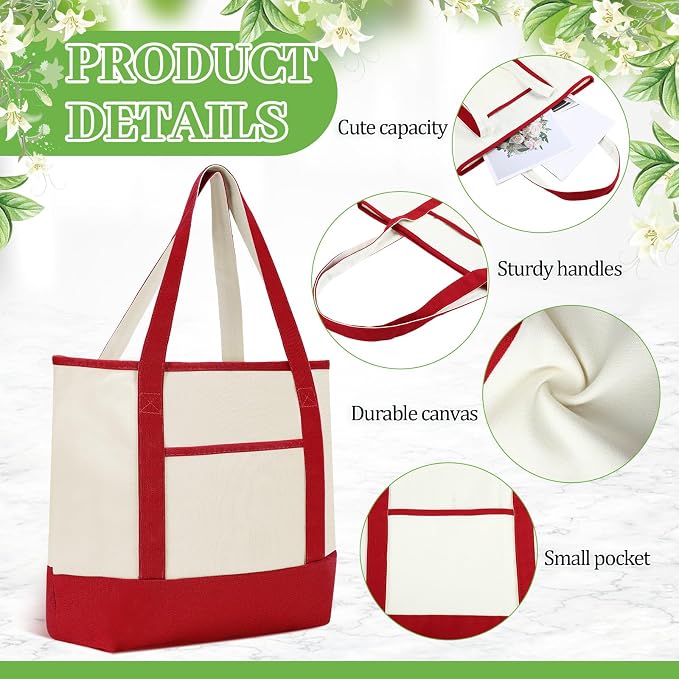 Sanwuta Canvas Tote Bags Bulk with Outer Pockets,Red,12 Pack | Reusable Cotton Grocery Bags, Perfect for Teachers, Party Giveaways, DIY Crafts, Wedding Favors, Business Gifts - Image 4