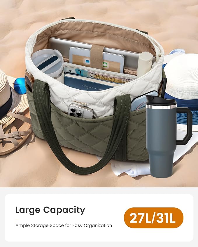 LOVEVOOK Puffer Tote Bag for Women, Puffy Work Handbag with Cup Holder, Travel Carry On Bag with Zipper for Teacher Nurse Gym - Image 2