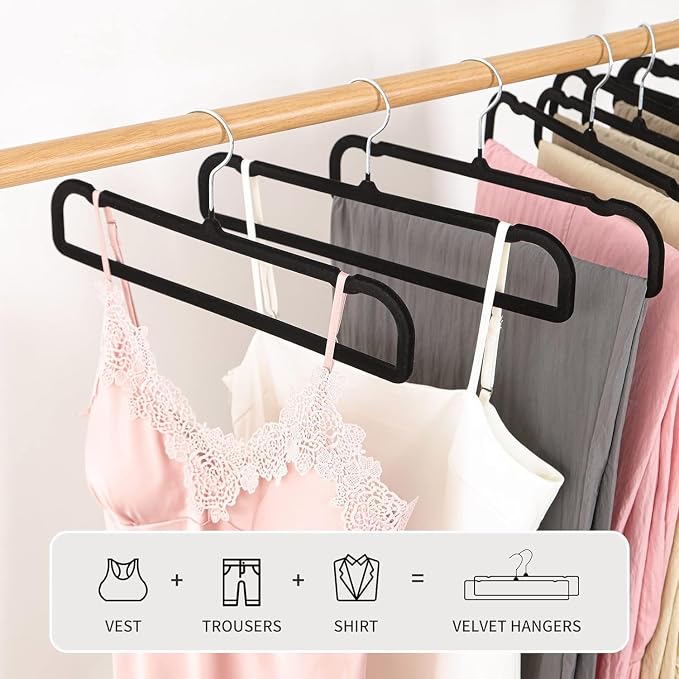 20 Pack Velvet Pants Hangers for Closet Space Saving, Thin Hanger (Black) | 35cm(L) Heavy Duty Flocked Trouser Hangers, Durable, Clothes Hanger with Silver Swivel Hook, Jean Hangers for Women and Men - Image 5
