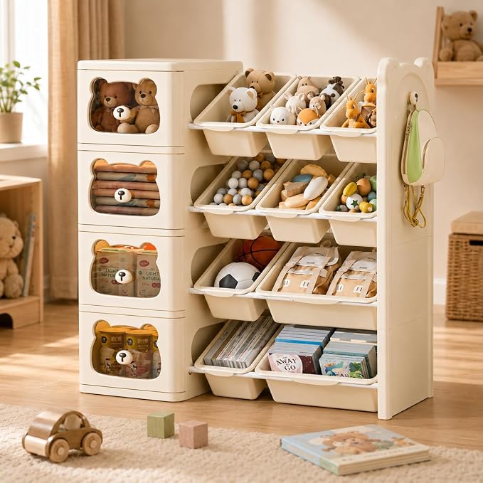 Toy Storage Organizer and Bookshelf, Large 4 Tier Book Shelf W/10 Toy Bins and 4 Drawers, Cute Bear Toy Organizers Box Bookcase for Nursery, Playroom, Bedroom, Kindergarten by FoldTrend