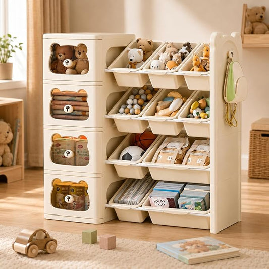 Toy Storage Organizer and Bookshelf, Large 4 Tier Book Shelf W/10 Toy Bins and 4 Drawers, Cute Bear Toy Organizers Box Bookcase for Nursery, Playroom, Bedroom, Kindergarten by FoldTrend