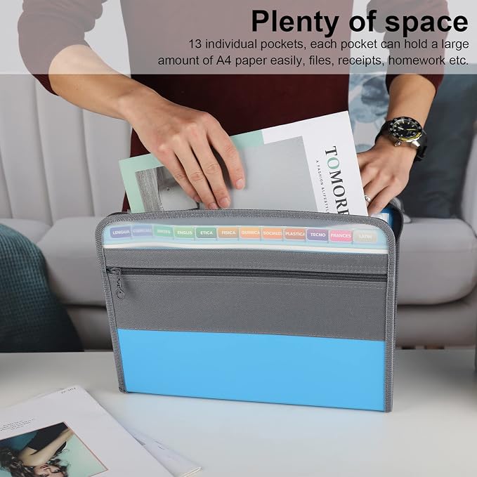 NAFY Expanding File Folders, 2Pack, 13 Pockets, A4 Letter Size, Portable Accordion, Zipper, Multicolor Labels, Office School Supplies, Black+Blue - Image 2