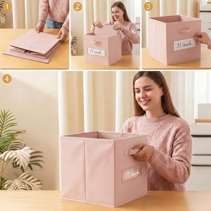 Storage Bins,11 Inch Cube Storage Bin with Labels,6pcs,Pink | Fabric Storage Cubes for Shelves,11 Inch storage cube bins with 6 Labels Window Cards & a Pen. - Image 5