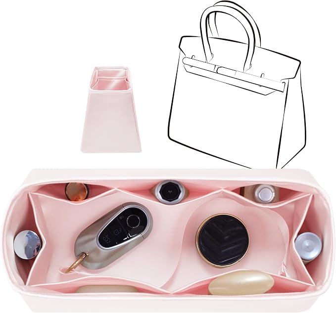 Fits for Brikin Bag Insert Organizer For Hermes(25 R,Pink) | Premium Silk Material,Smooth Touch,Lightweight,zipper,protect from scratches & stains,multiple pockets,keychain,waterproof by JLYZMoon