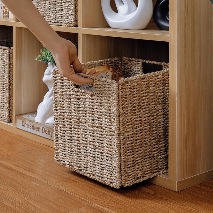 10.5 x 10.5in Cube Seagrass Storage Baskets, Foldable Square Wicker Storage Baskets for Shelves Set of 3, Large Cubby Rattan Basket, Collapsible Cube Storage Bins - Image 6