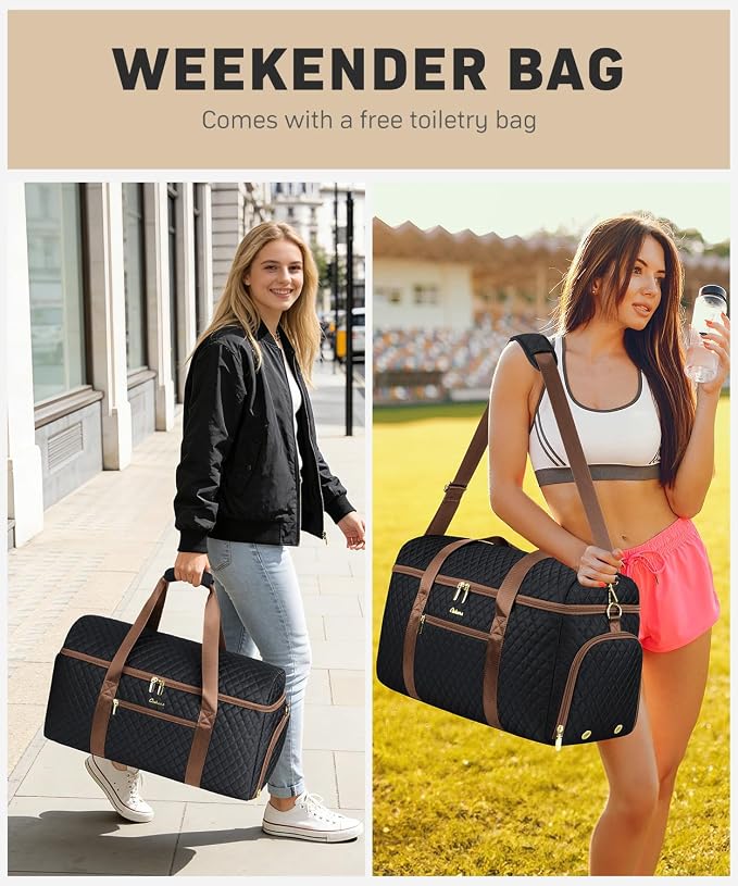 Weekender Bags for Women, Wide Open Large Travel Duffle Bag with Shoe Compartment, Overnight Carry on Bag Personal Item Travel Bag with Wet Pocket (Black Brown) - Image 7