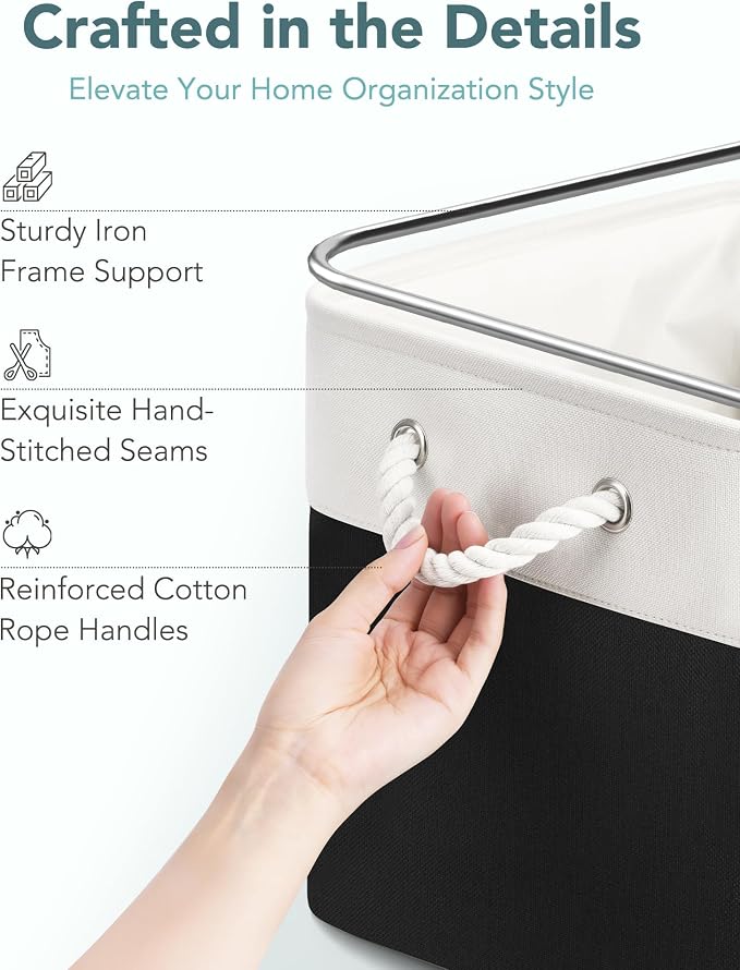 13x15x13 Inch Large Storage Bins with Cotton Rope Handles 6-Pack | Foldable, Top support of metal frame, Bottom with Cardboard Support, Fabric Cube Storage Bins for Closet, White Black - Image 5