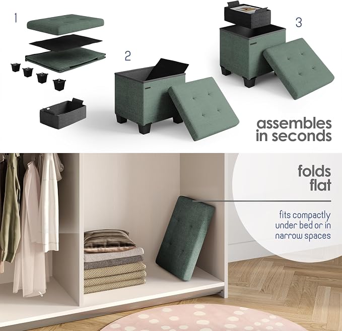 Storage Ottoman Cube with Small Bin, 15-in Square Ottoman with Storage for Living Room and Bedroom, Small Ottomans Foot Rest, Fabric Foot Stools Ottomans Max 330lbs, Green - Image 3