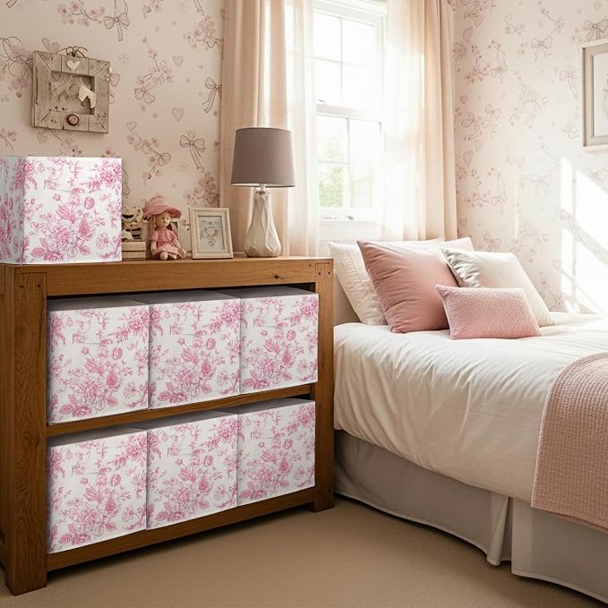 6 Pcs Pink Floral Cube Storage Bins 11 Inch Pink Flower Storage Basket with Handle, Preppy Girls Organizer Basket, Collapsible Fabric Box for Classroom Bedrooms Office Home Decoration Gift - Image 6