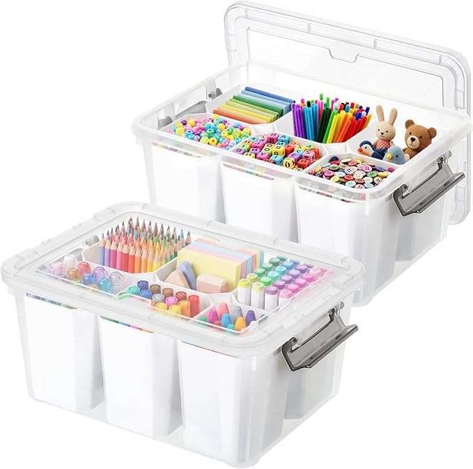 17QT 2Packs Clear Marker Organizer – 6 Detachable Inserts, Stackable Craft Organizers and Storage, Art Supply Organizer for Markers, Crayon, Pencils, Pens and Craft Supplies by Bienvoun
