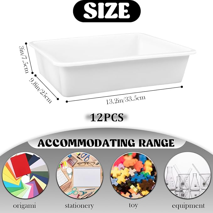 White Plastic Trays for Arts and Crafts,12 Pack Flat Storage Organizer Bin, Letter Size Paper Tray for Classroom, Stackable Montessori & DIY Project Tray for School Office, 13.7" L x 9.7" W x 3.1" H - Image 2
