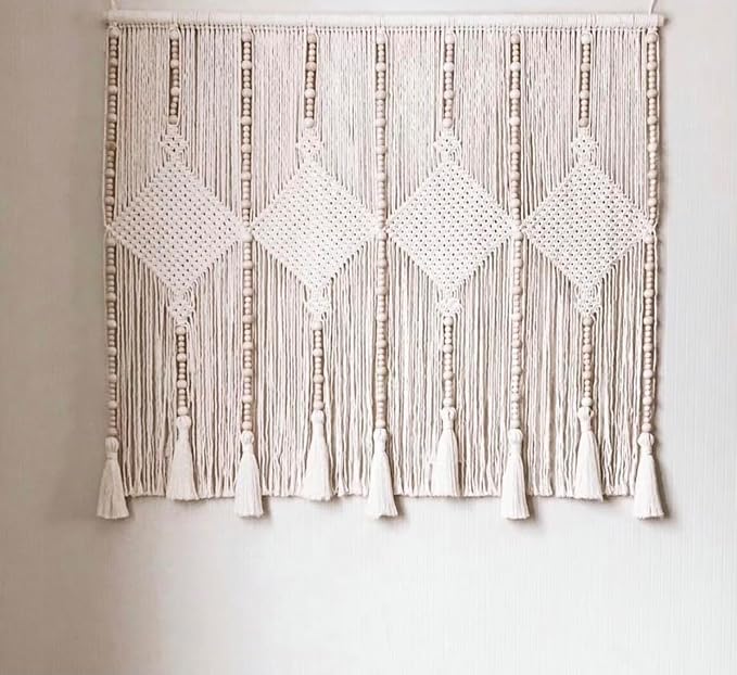 kiido Large Macrame Wall Hanging 47"×33" Boho Tapestry Woven Wall Decor- Cotton Tassel Macrame Curtain Beige Chic Bohemian Wall Art for Home Living Room Bedroom Dorm Wedding (Includes Hanging Rod) by kiido