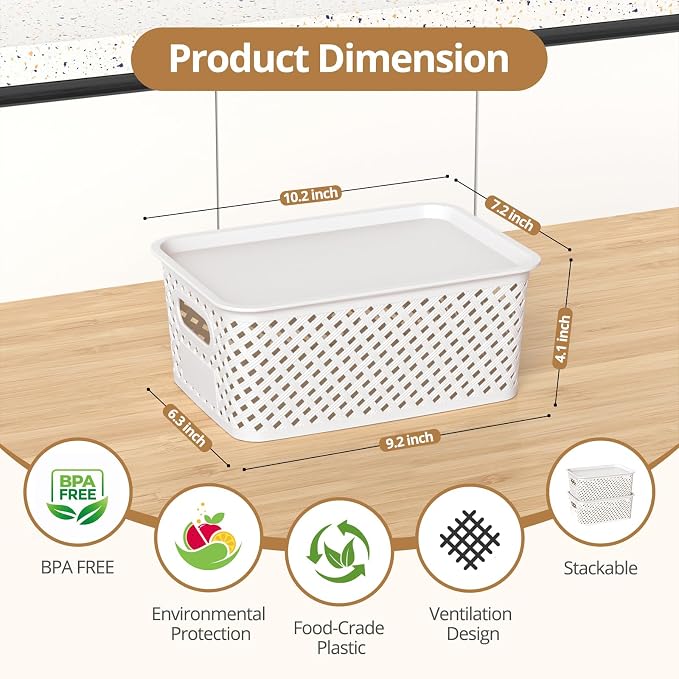 Plastic Storage Bins with Lid, Stackable Small Box Basket for Organizing and Containers for Shelves Drawers Desktop Closet Playroom Pantry Classroom Office Home, 8-pack 10.2x7.2x4.1 Inch, White - Image 2