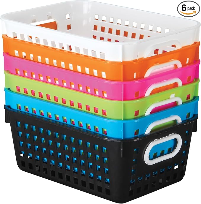 Really Good Stuff Medium Plastic Book Baskets, 11" by 7.5" by 4.5", 6-Pack | Neon Group Colors, Versatile Storage Solution for Classroom, Home, & Office by ReallyGoodStuff