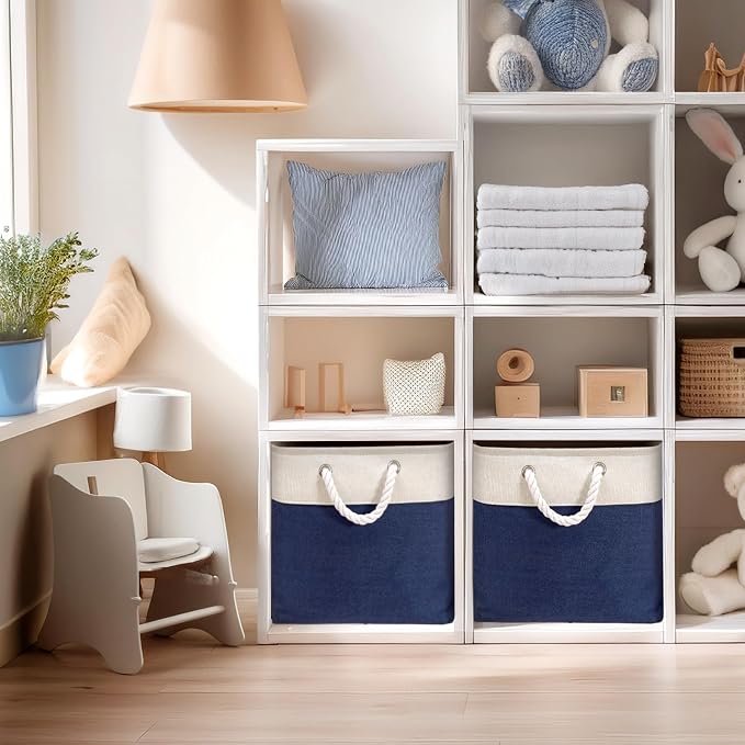 DECOMOMO Cube Storage Bin 13x13 with rope handles, Kallax Storage Cubes | 3 Pack, Fabric Storage Bins for Organizing Clothes, Toys, Books (Navy Blue & White) - Image 5